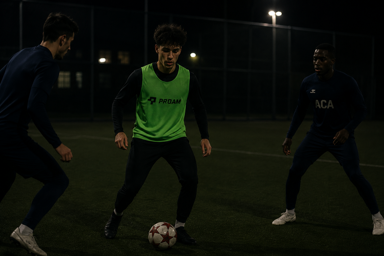 ProAm 6-a-side players in kit on the floodlit pitch at Beaumont School, St Albans